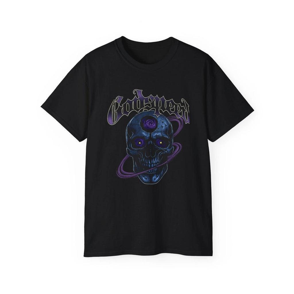 Godspeed Cosmic Skull Graphic Tee Gothic   Purple Galaxy Skeleton Shirt