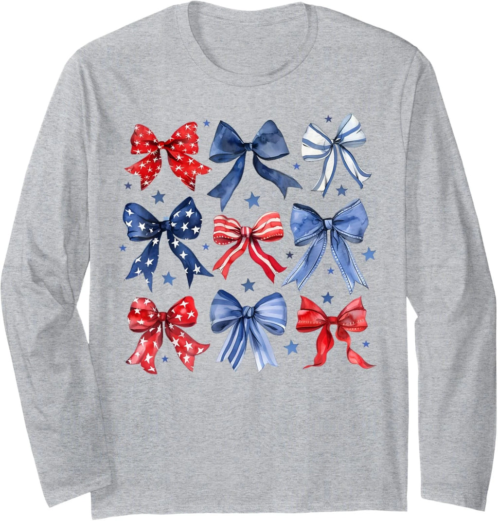 Happy 4th of July Patriotic Boho Coquette Cute Bows Long Sleeve Tshirt