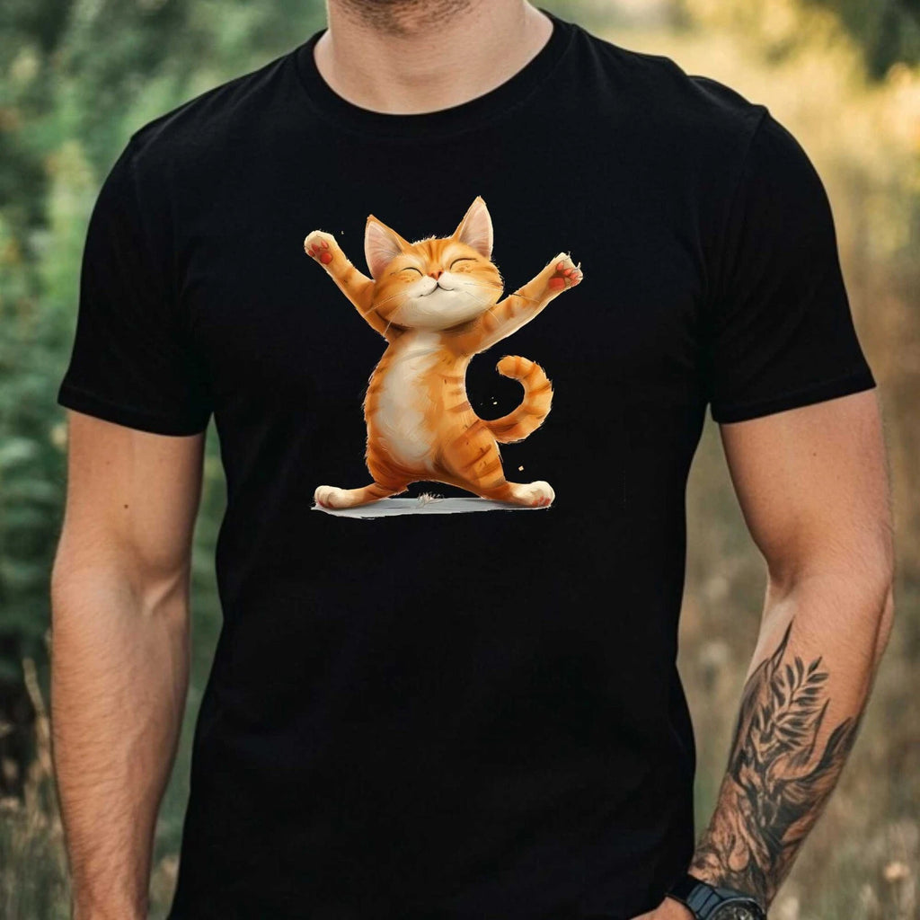 Mens Yoga Cat Print Cotton T-Shirt Size XS to 5XL