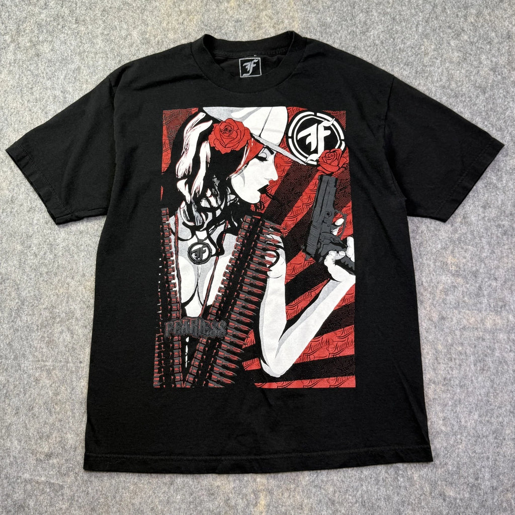 VTG Fearless T-Shirt Adult Sz L Black Graphic Print Short Sleeve Y2K Emo Art Tee