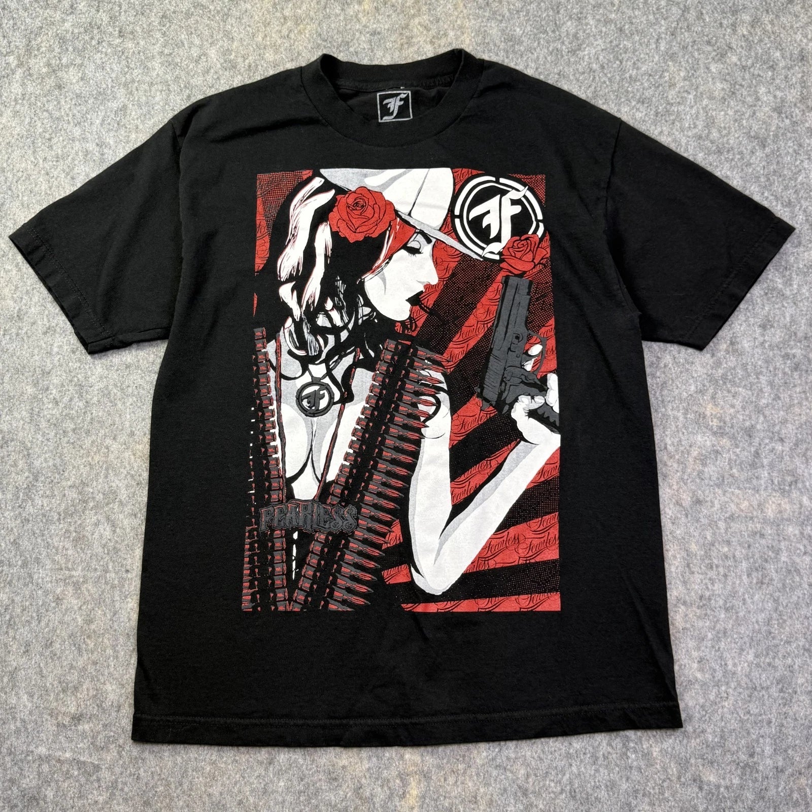 VTG Fearless T-Shirt Adult Sz L Black Graphic Print Short Sleeve Y2K Emo Art Tee