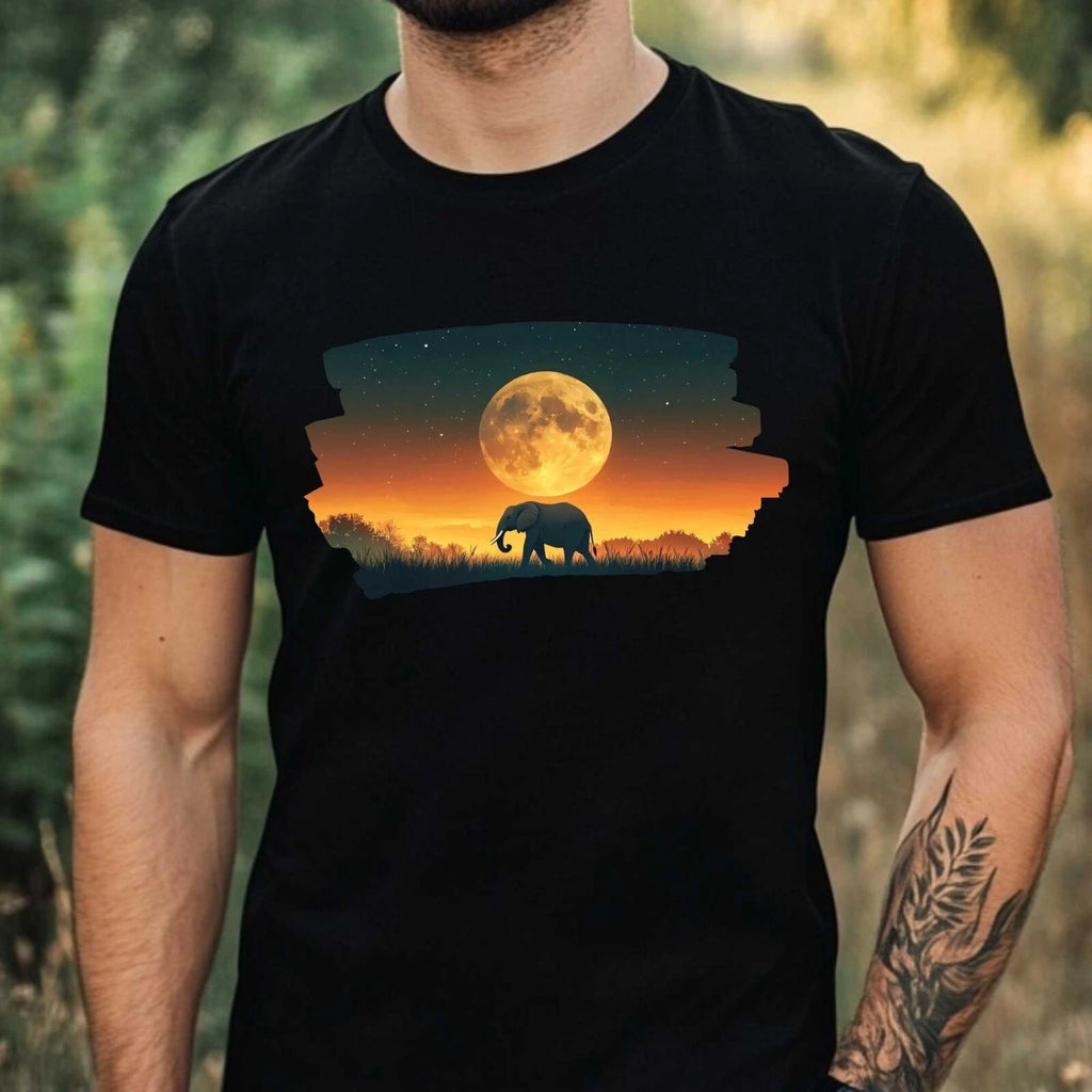 Mens Elephant and Full Moon Motif Cotton T-Shirt Size XS to 5XL