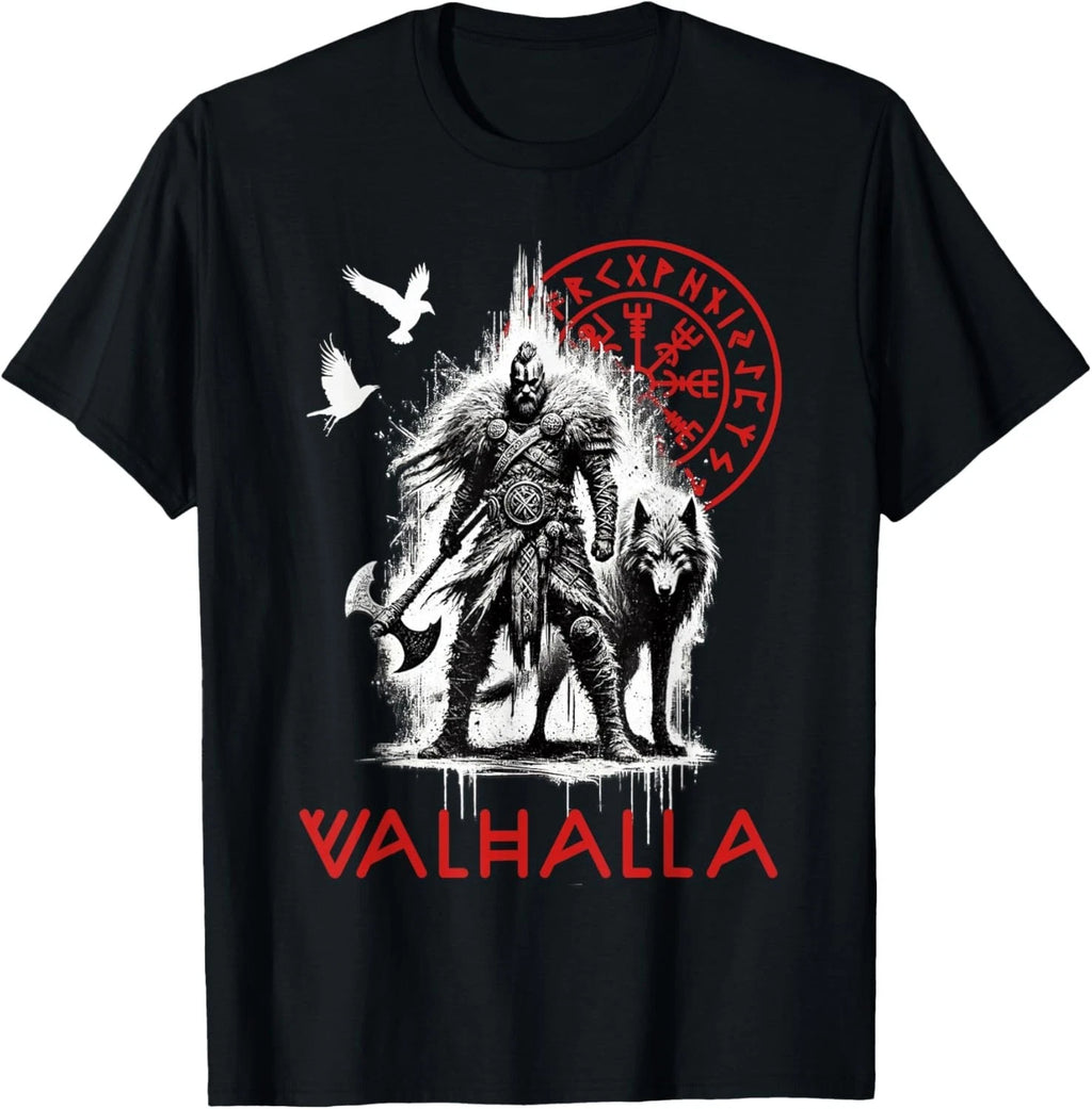 Valhalla Odin Wolf and Raven Viking Runes Norse Compass Gift Unisex T-Shirt