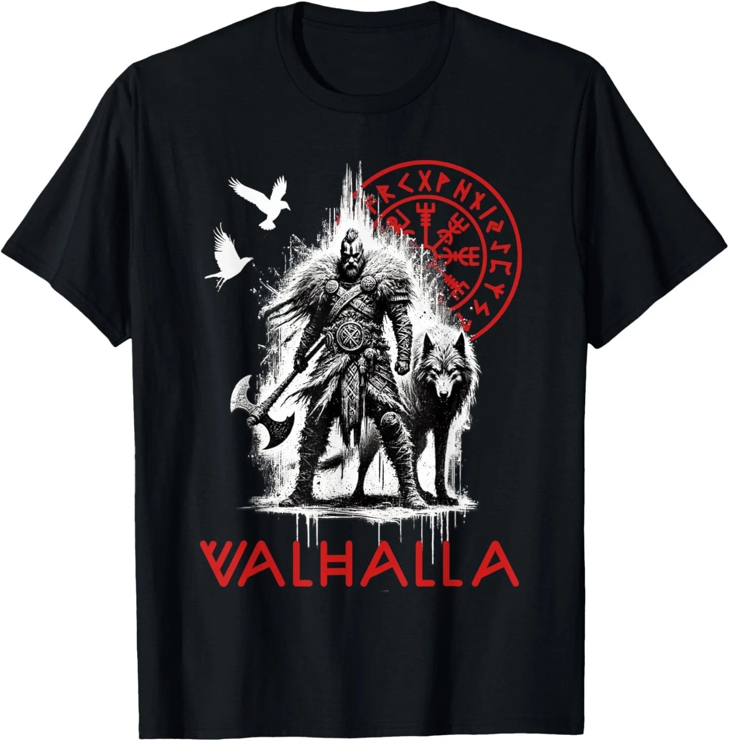 Valhalla Odin Wolf and Raven Viking Runes Norse Compass Gift Unisex T-Shirt