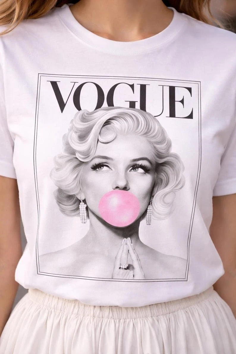 Vogue Marilyn Monroe Bubble Gum Graphic T-Shirt, Vintage Fashion Top