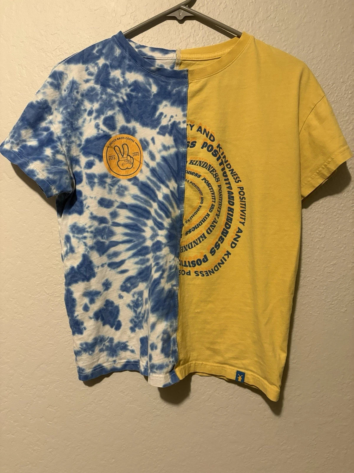Dutch Bros Coffee T-shirt Blue Yellow Tie Dye Split Shirt Size Small