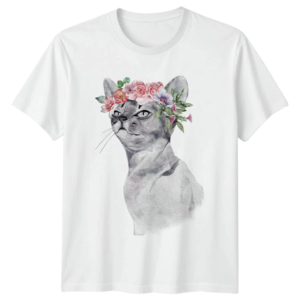 Boho Watercolor Cat With Flower Womens T-Shirt Floral Art Cat Lover Gift For Her