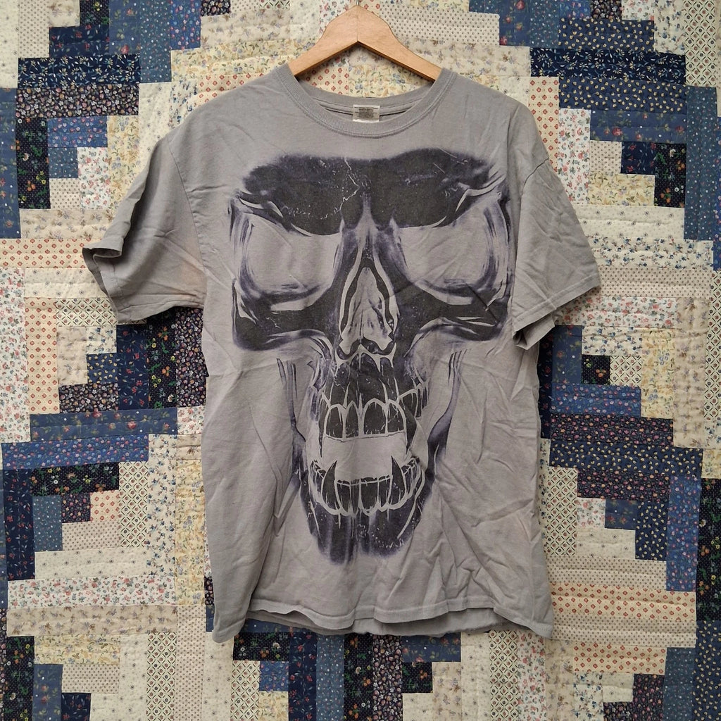 Y2K Style Oversized Skull Graphic Print T Shirt Size Large Gray