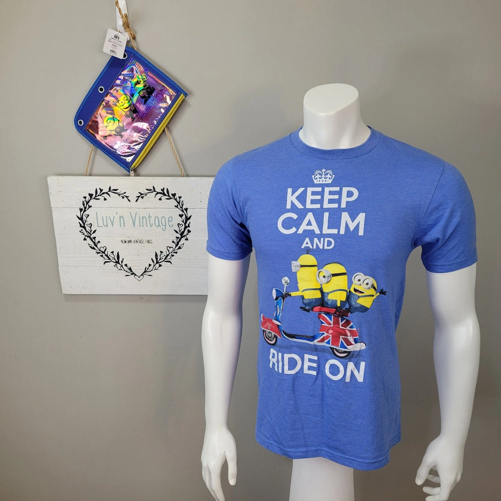 Minions T-Shirt Keep Calm and Ride On Sky Blue Graphic Tee with Pencil Bag