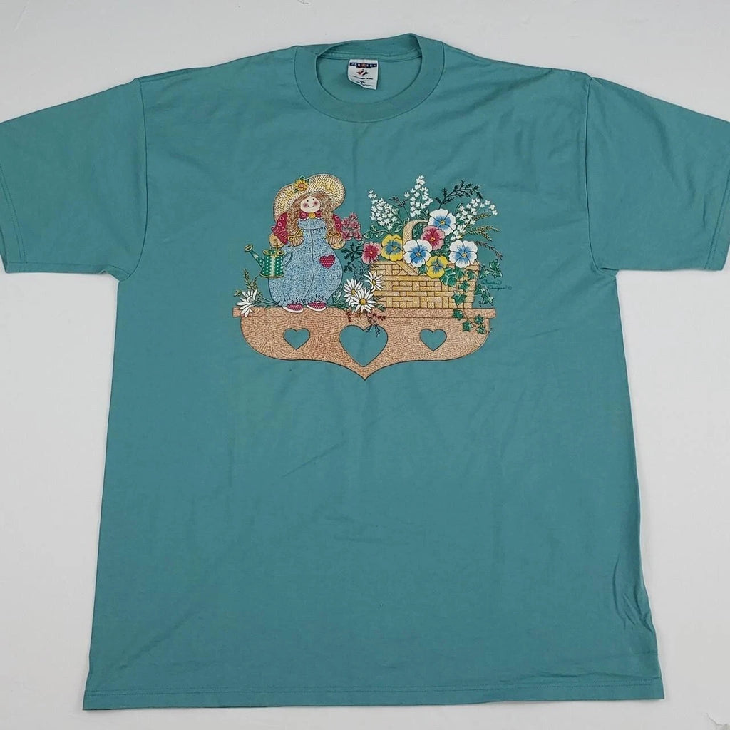 Vintage 90s Floral Country Doll Design T Shirt Made in USA Jerzees 1990s Art