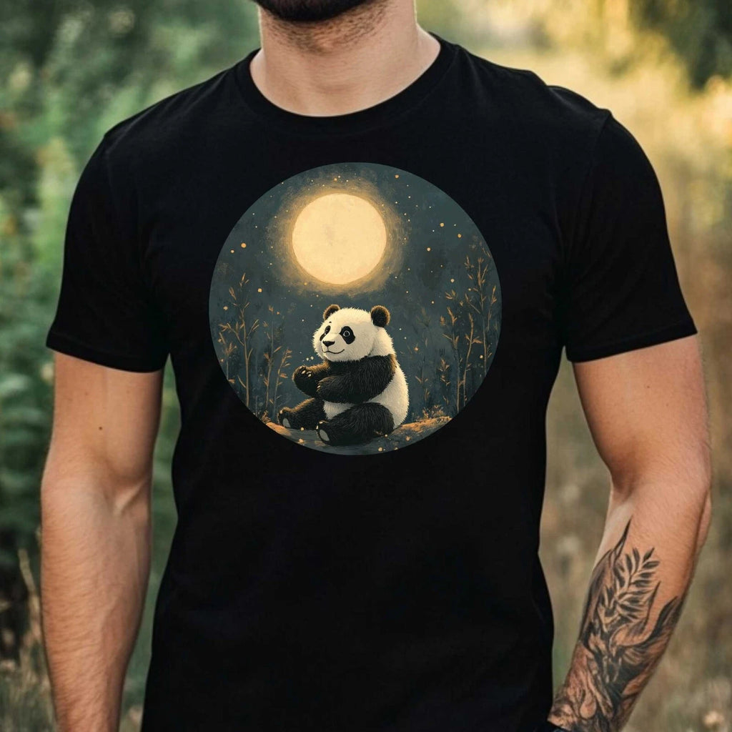 Mens Panda In The Moonlight Motif Cotton T-Shirt Size XS to 5XL