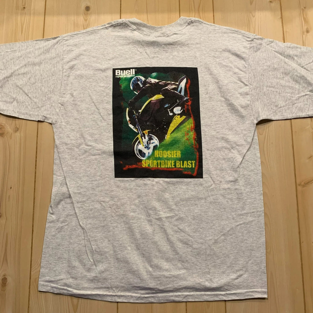 Vintage Y2K Buell Motorcycle Hoosier Sportbike Blast Ride Into Battle T-Shirt XL
