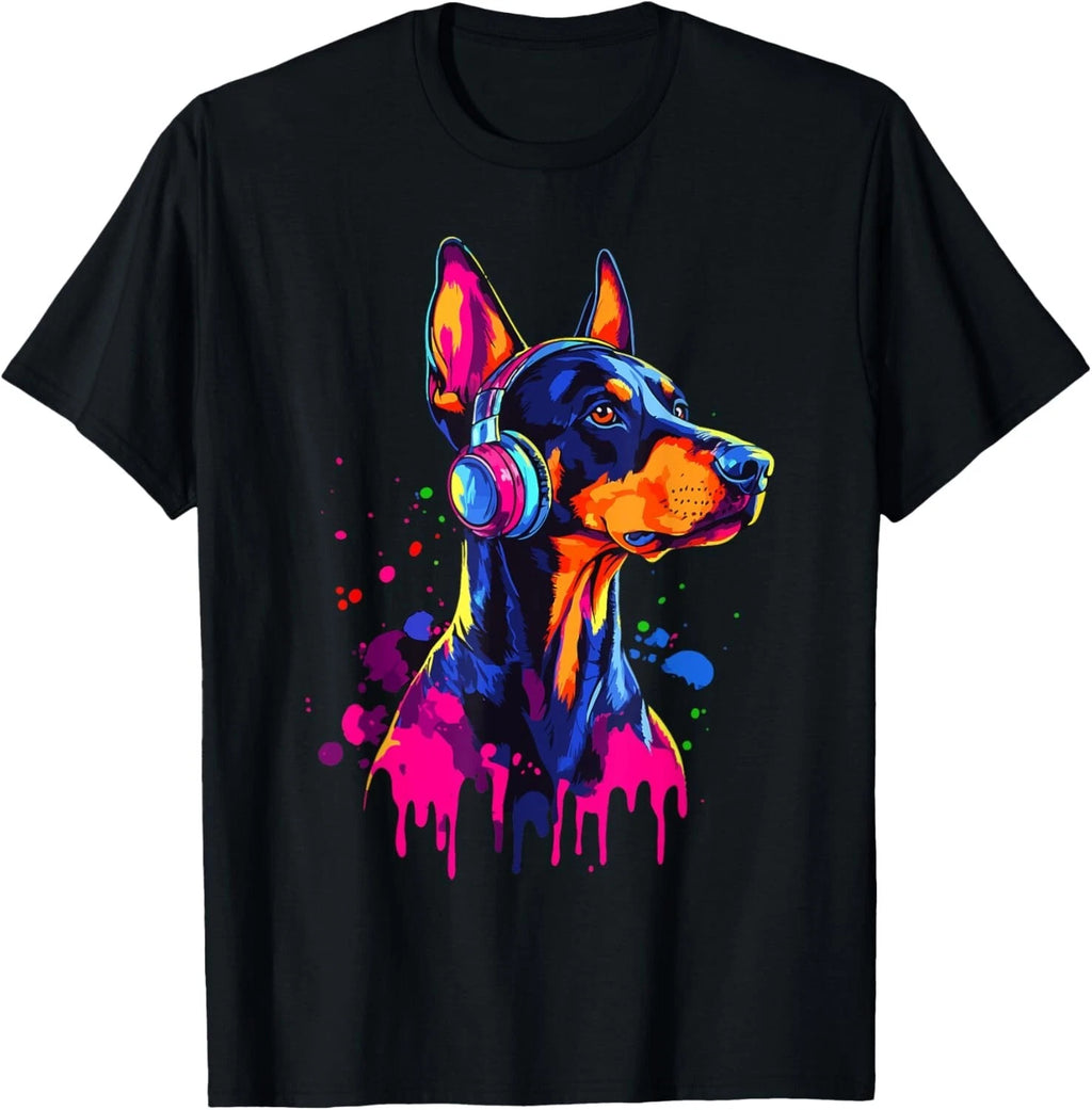 Doberman Lover Pop Art Wearing Headphones Funny Doberman Gift Unisex T-Shirt