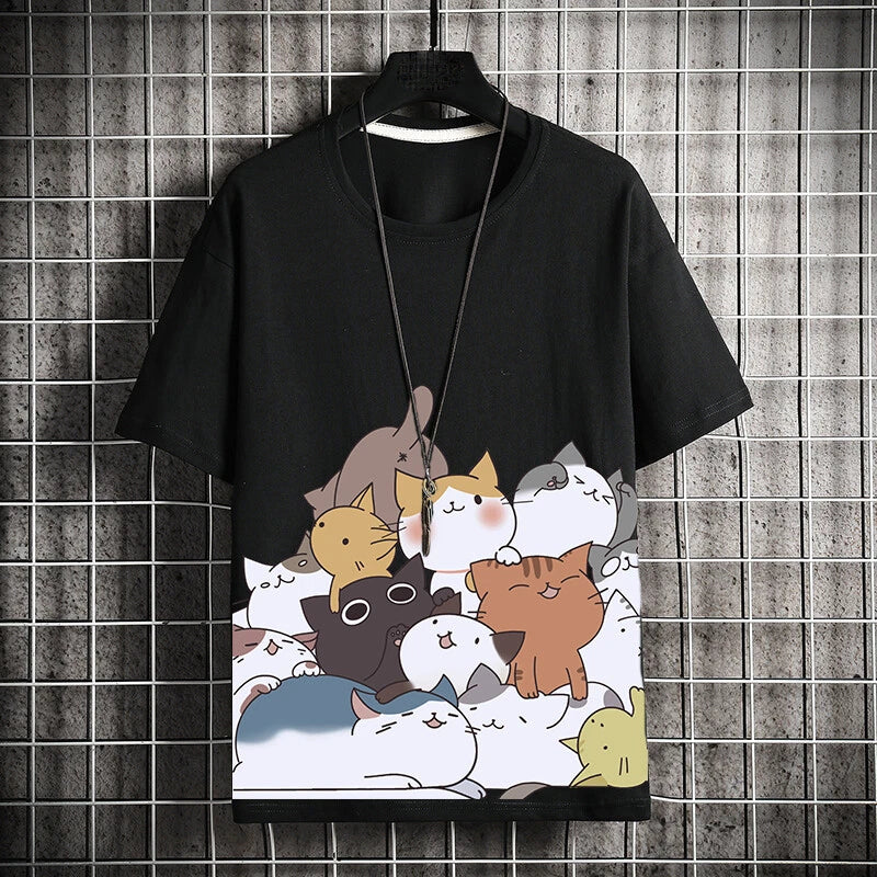 Men Japanese Cartoon T-Shirt Short Sleeve Loose Casual Top Summer