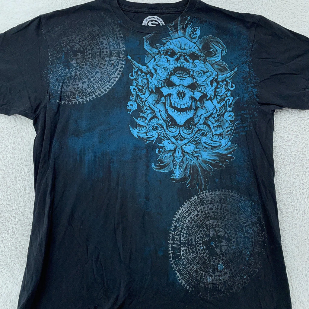 Sinister Brand Shirt L/XL Black Blue Skull Graphic All Over Print Gothic Y2K