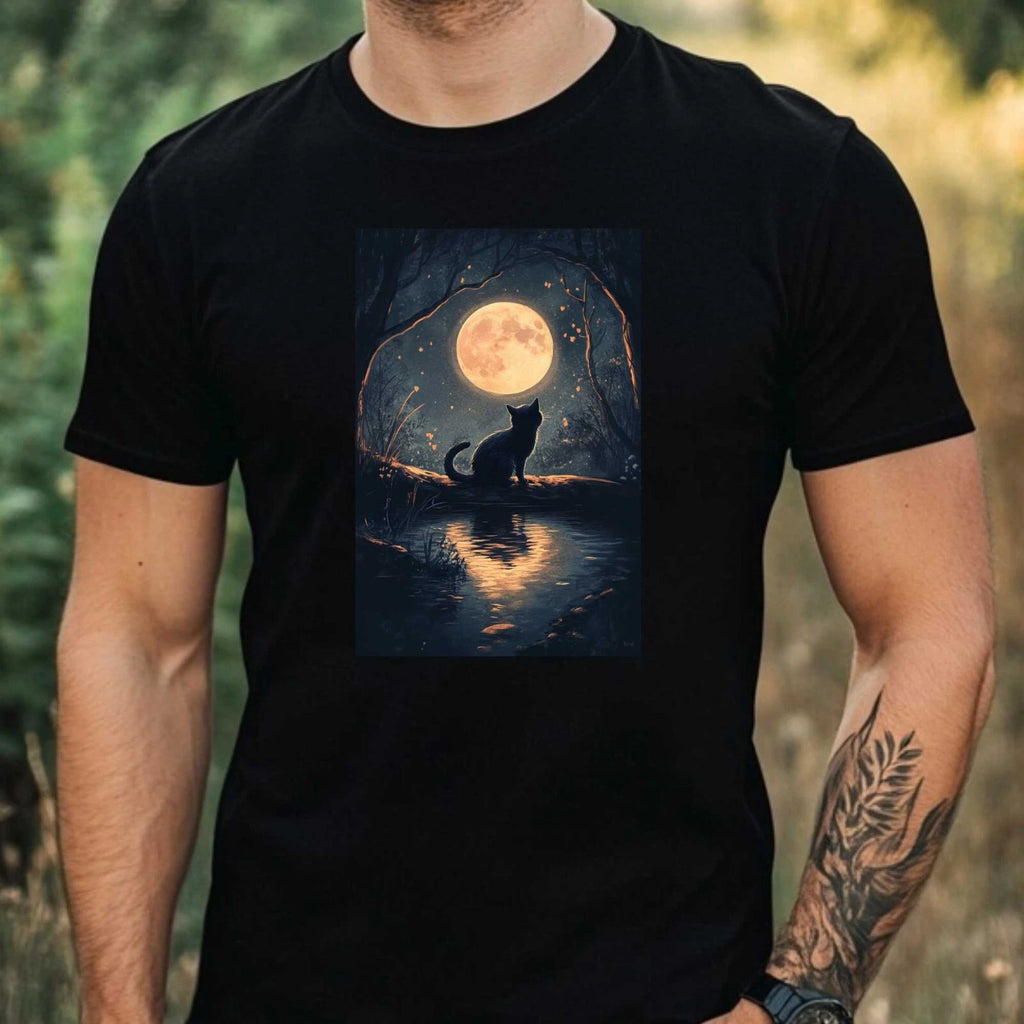 Mens Cat In The Moonlight Motif Cotton T-Shirt Size XS to 5XL