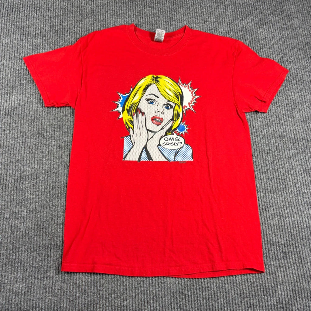 Gildan Shirt Mens M Liquid Blue Pop Art Comic Girl OMG SRSLY Red Graphic