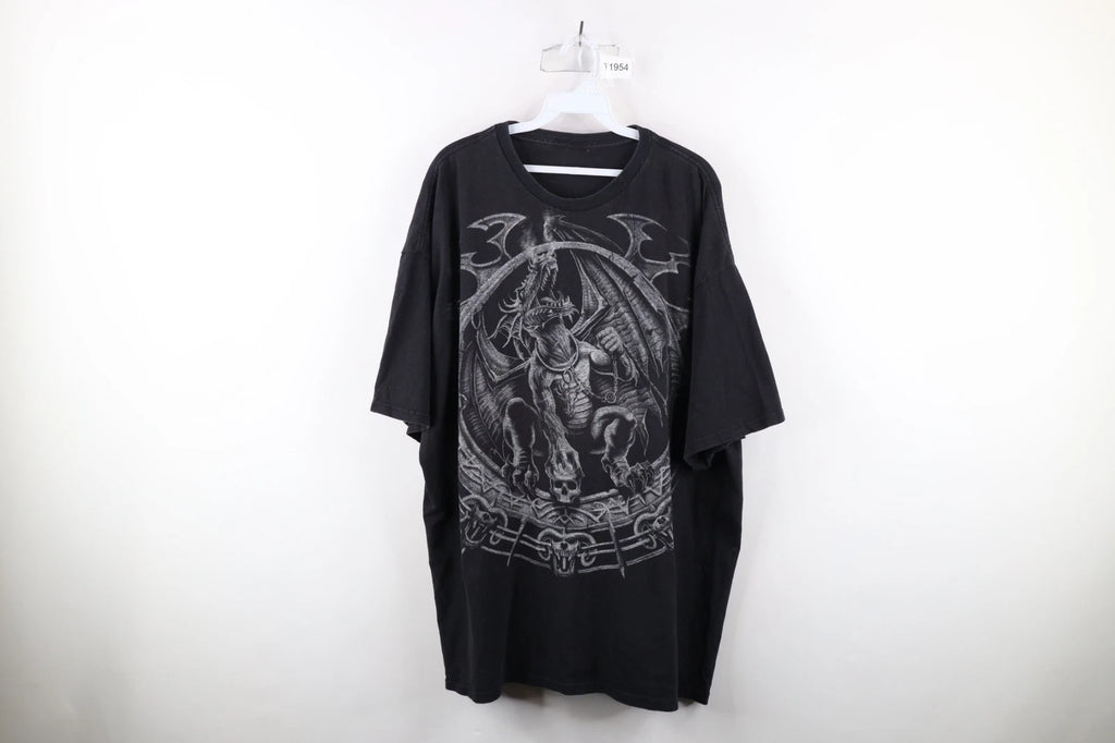 Vintage Y2K Streetwear Mens 3XL Faded Fantasy Dragon Skull Short Sleeve T-Shirt