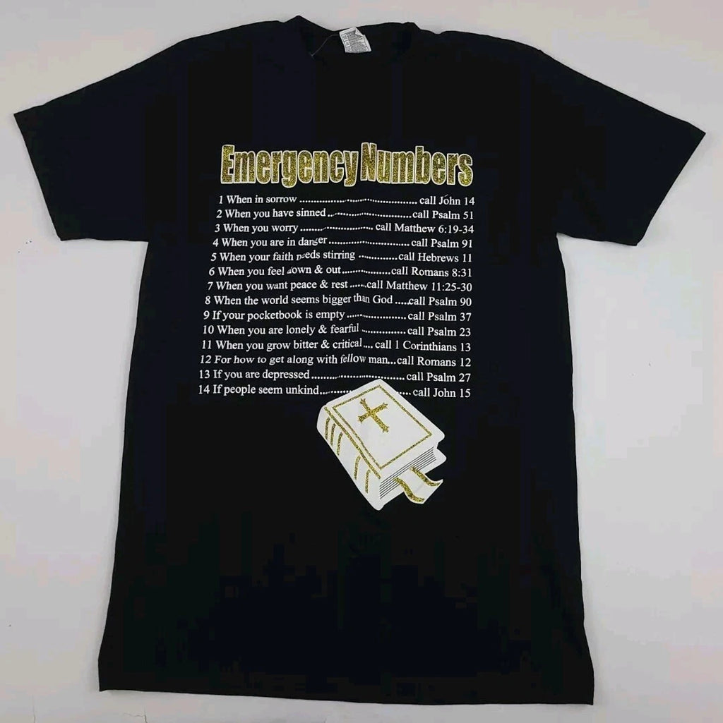 Emergency Numbers Bible Print T Shirt God Religious Vintage Y2k Shaka Vtg USA