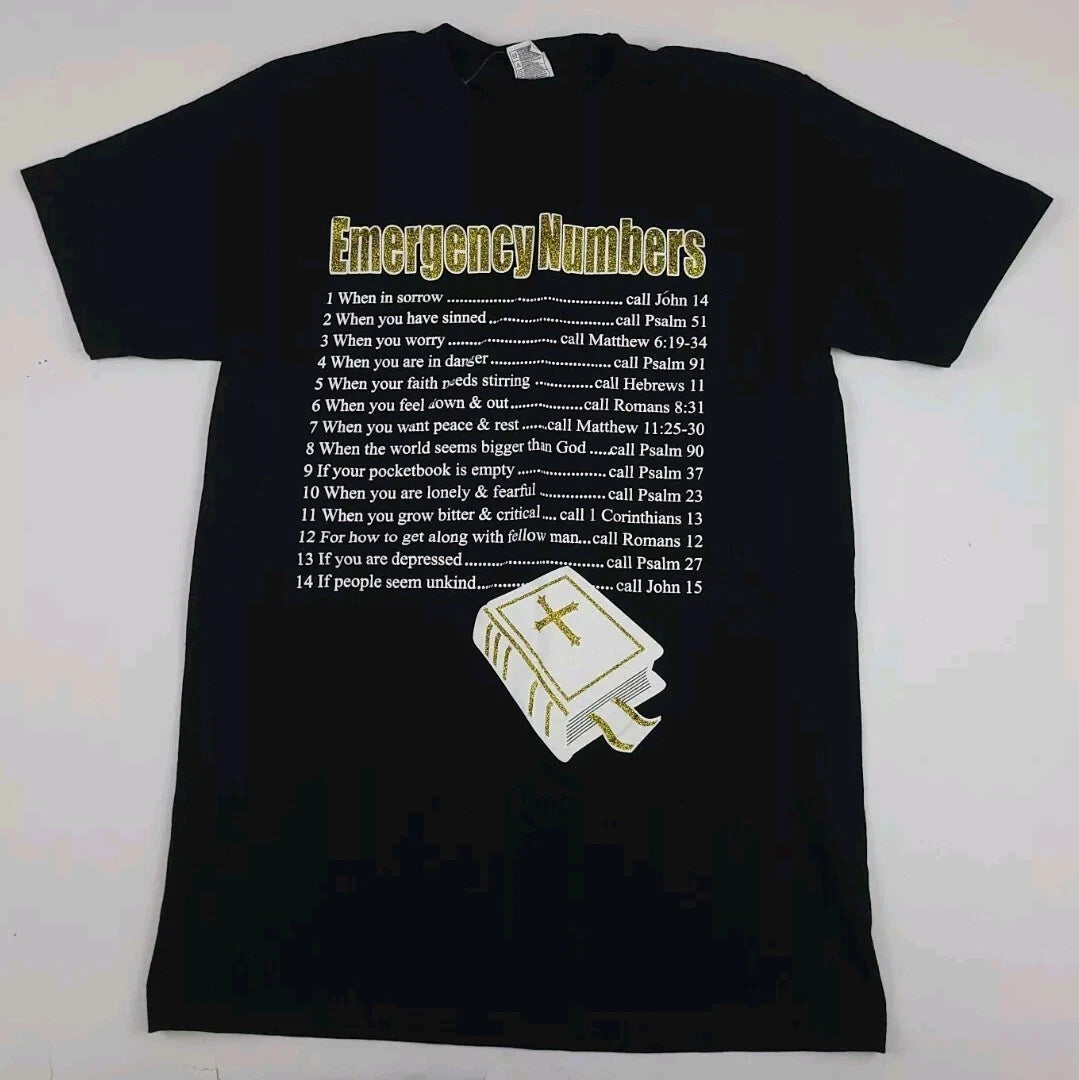 Emergency Numbers Bible Print T Shirt God Religious Vintage Y2k Shaka Vtg USA