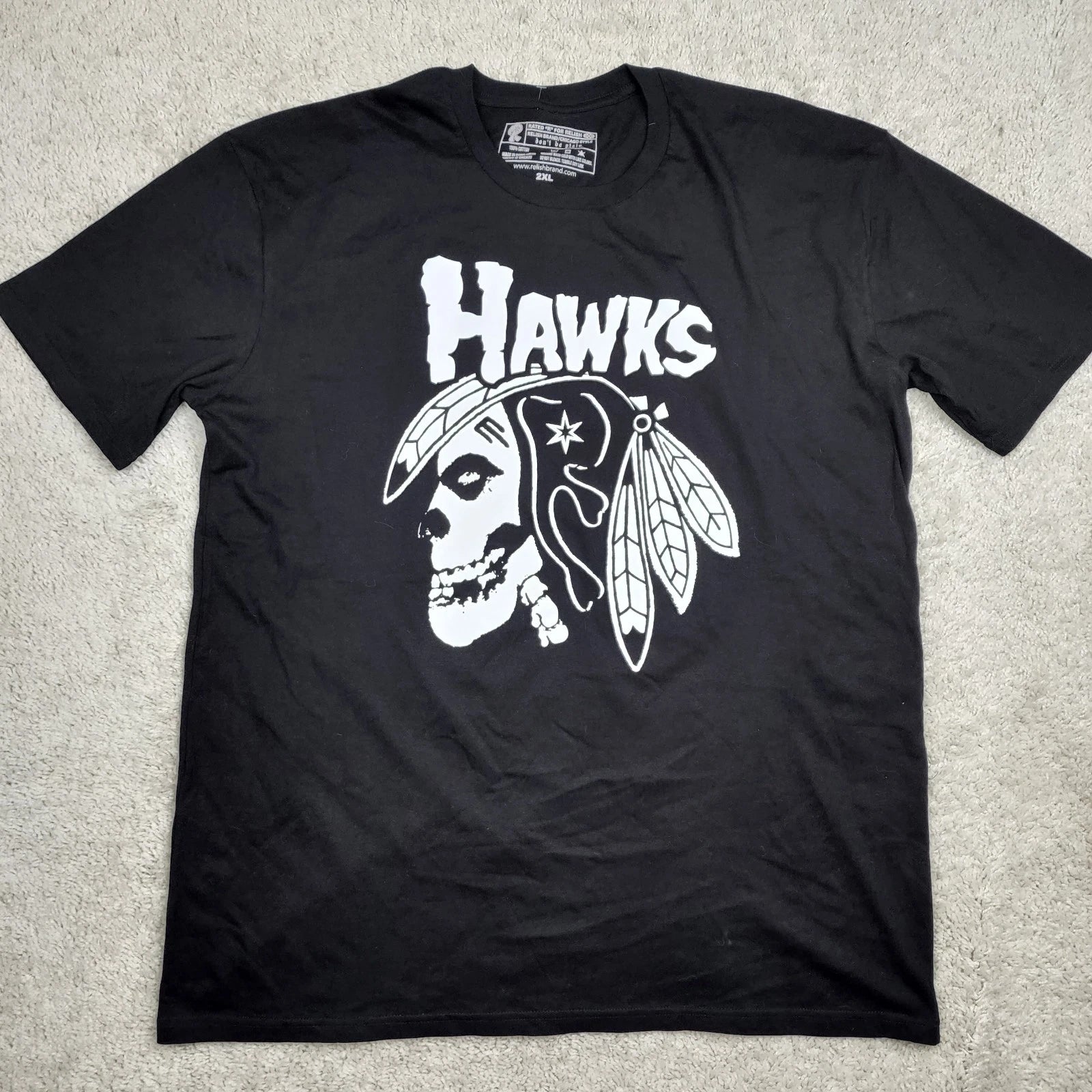 Relish Brand Chicago Punk Hawks Misfits Skull T-Shirt Black Size 2XL Indian USA