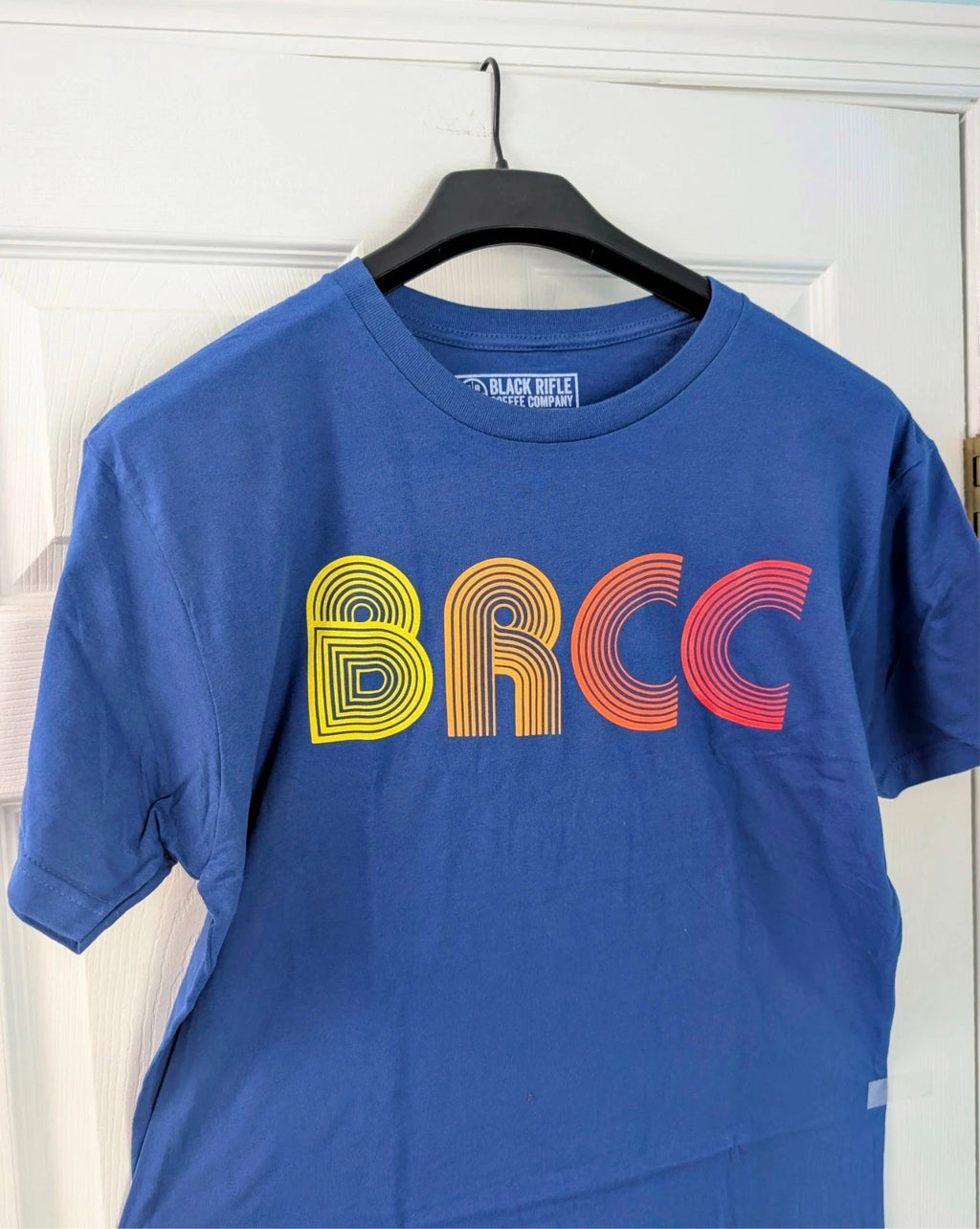 NEW BRCC Black Rifle Coffee Company 70s Logo Royal Blue T Shirt Large SEALED