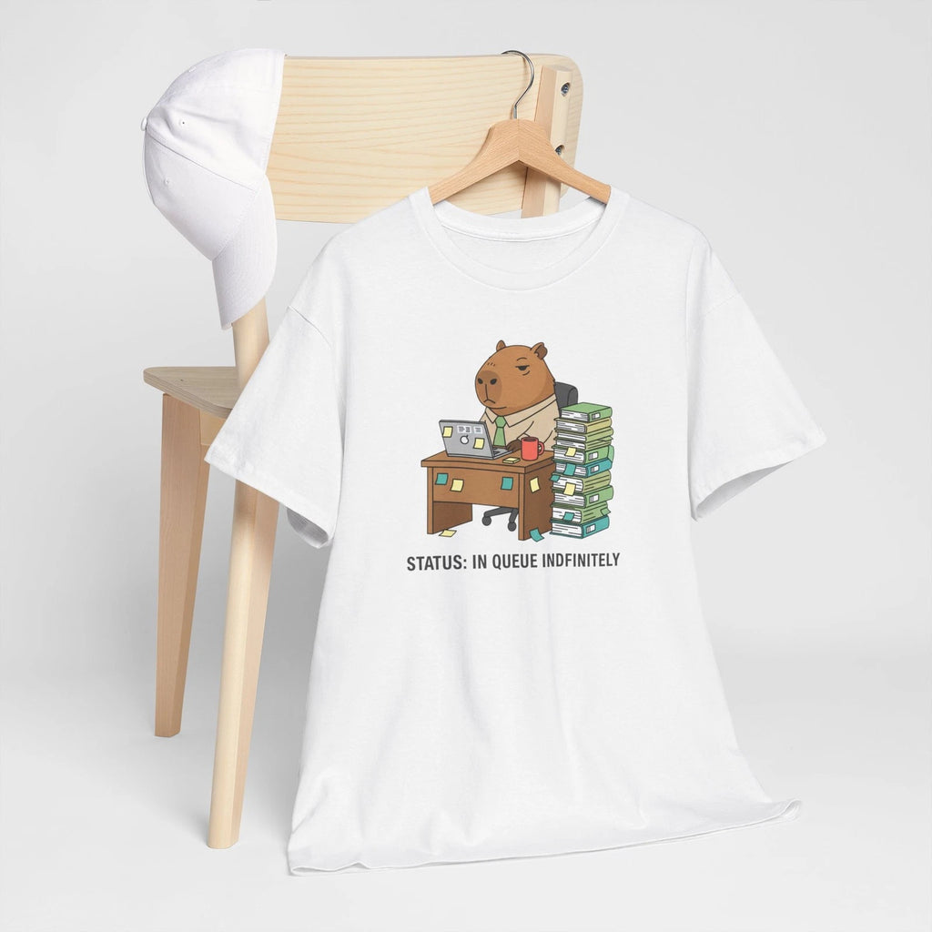 Queueing Capybara Desk Cartoon T-Shirt | Status In Queue Indefinitely