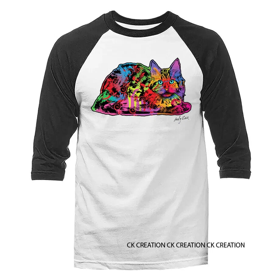 Colorful Neon Rainbow Pop Art Cat 3/4 Sleeve Raglan