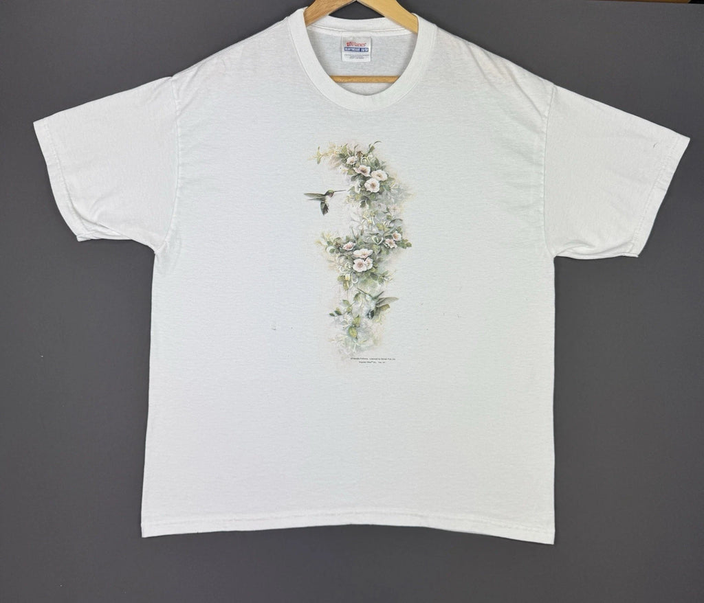 Vintage 90s Y2K Art Flower Nature Bird White Shirt Large Hanes Tee Shirt Rare