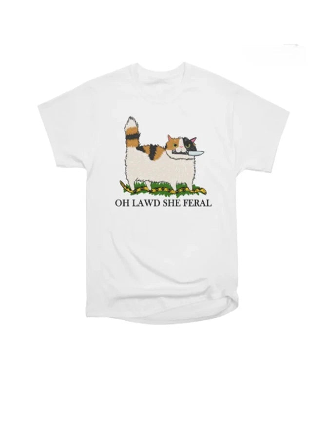 Oh Lawd She Feral Funny Cat Meme Graphic T-shirt