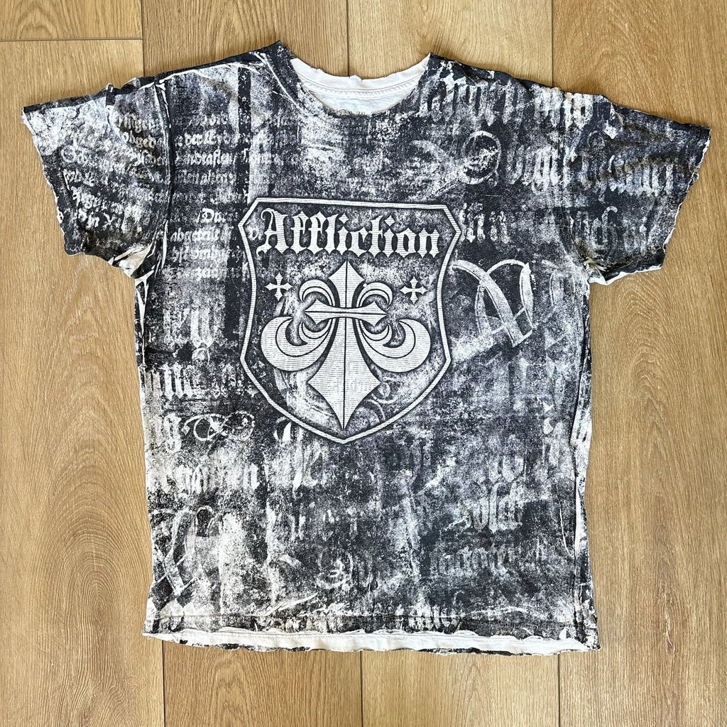 Vintage Y2K Affliction T-shirt Cross All Over Print Goth Men Large Black & White