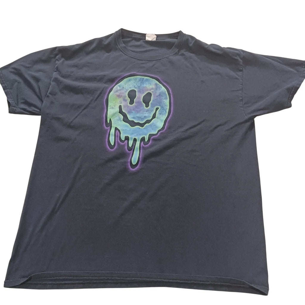 Fruit of the Loom Mens XL Black Trippy Melting Smiley Face Graphic T-Shirt Tee