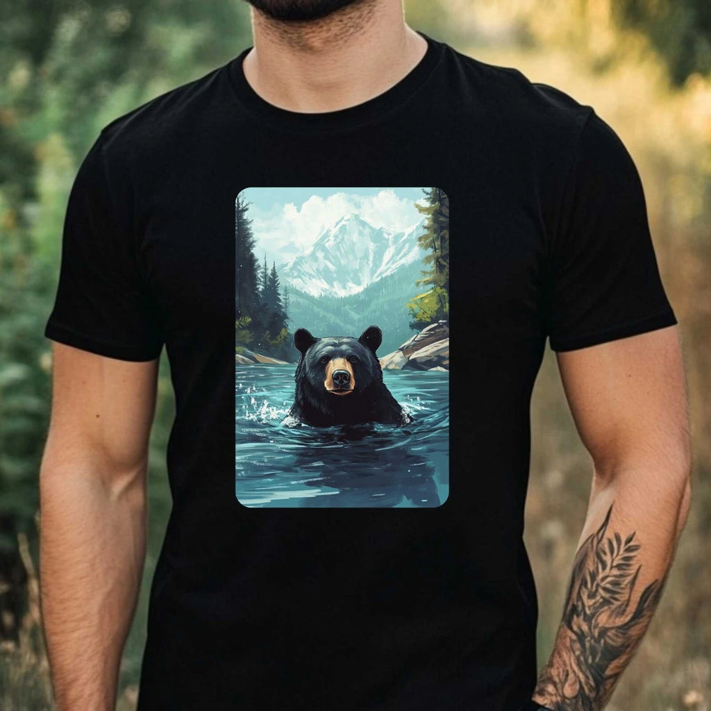 Mens Black Bear Swimming in Ocean Motif Cotton T-Shirt Size XS to 5XL