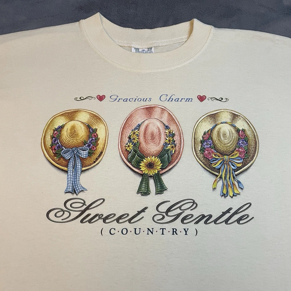 Vintage 90s T-Shirt Mens XL Country Style Flowers Ribbons Hats Art Cute USA Made