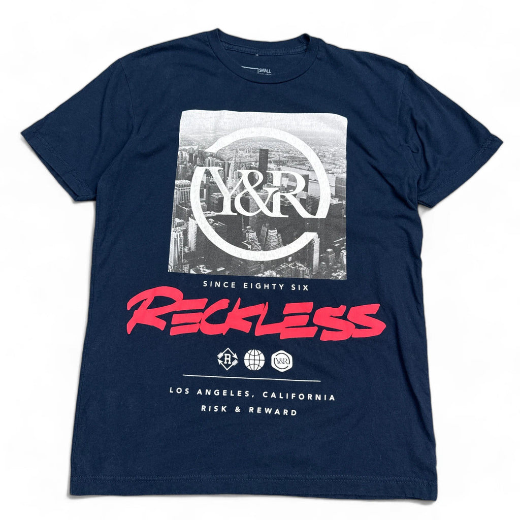 Young Reckless YR T Shirt Mens Size Small Blue Big Print Logo Y2K Skater