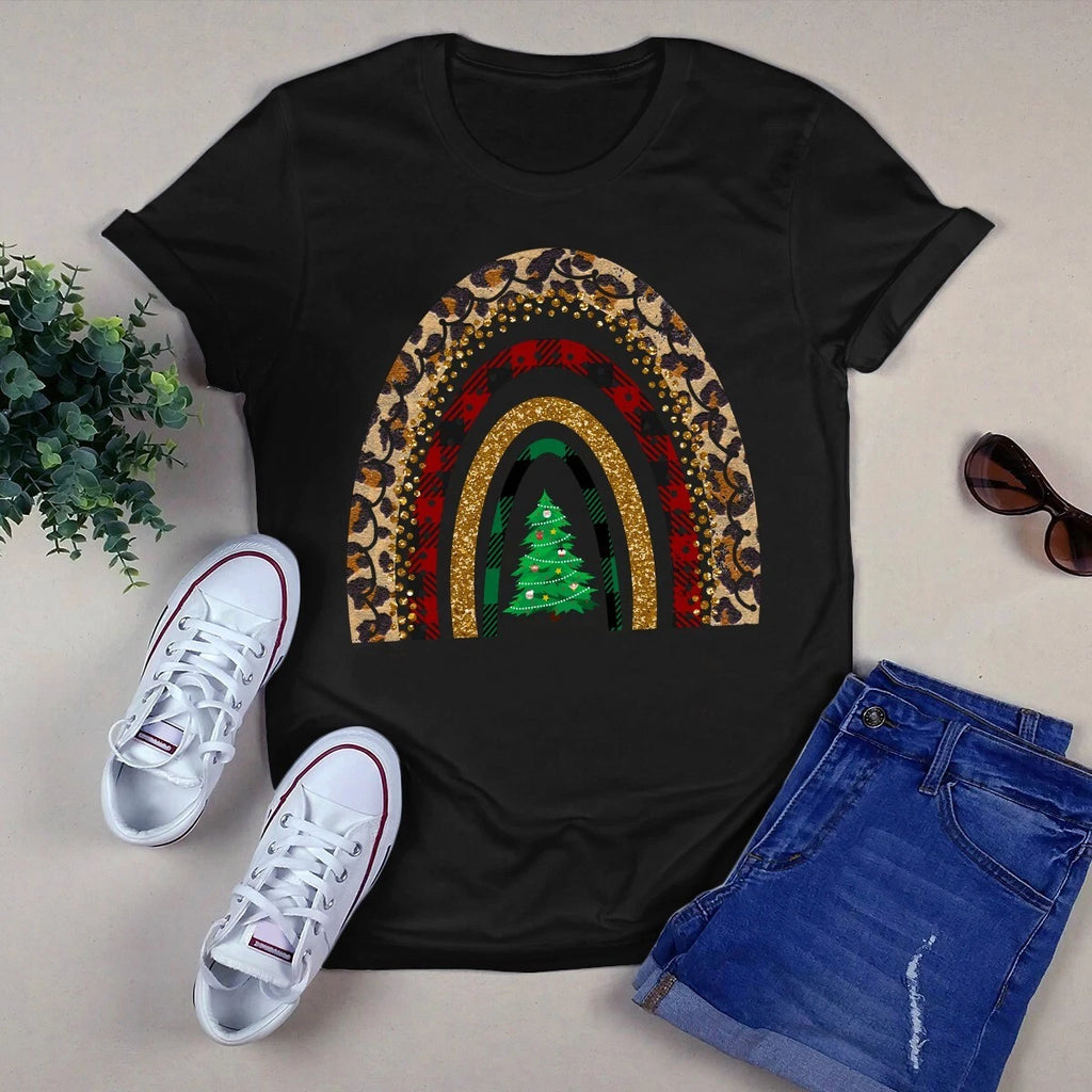 Buffalo Plaid Leopard Boho Christmas Tree Xmas Gift Tshirt