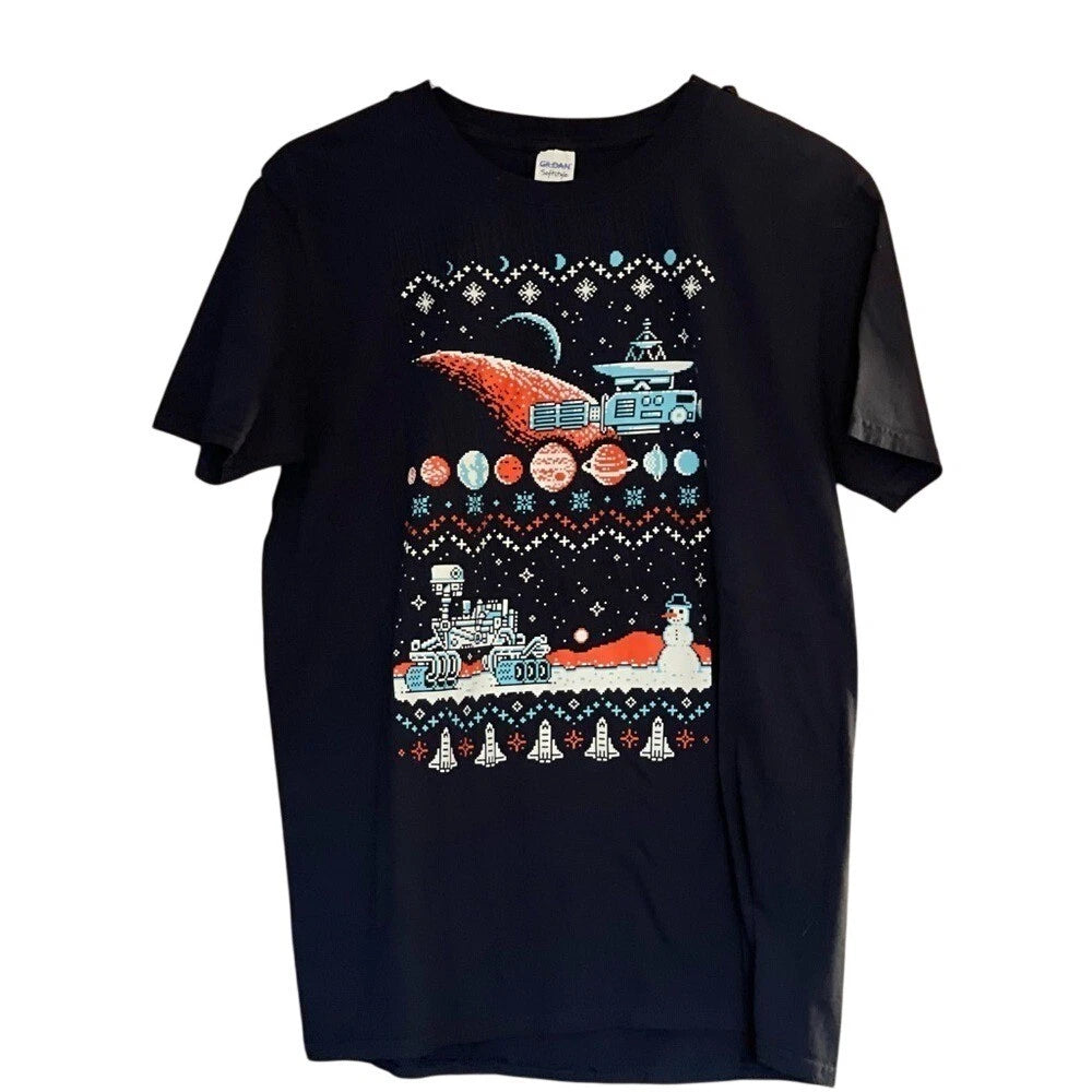 Gildan Softstyle Space Holiday 8-Bit Pixel Art Graphic T-Shirt Navy Blue Large