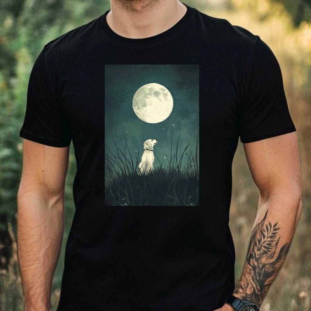 Mens Dog In The Moonlight Motif Cotton T-Shirt Size XS to 5XL