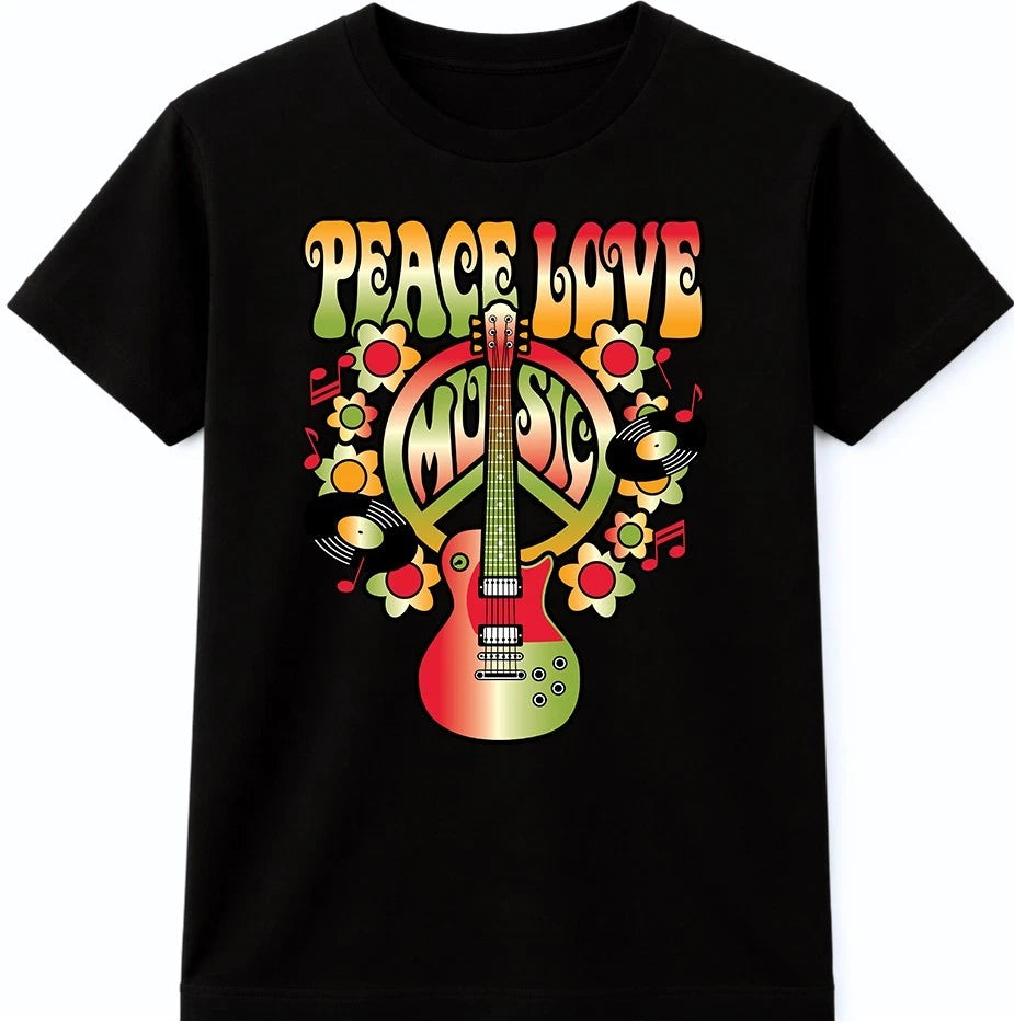 Peace Love Music T-Shirt | Retro Hippie Guitar 60s Festival Boho Psychedelic Tee