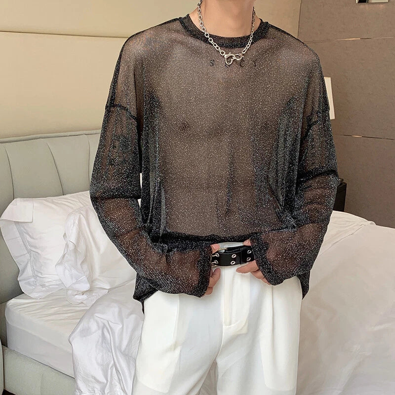 Men Glitter Mesh Top Shiny Sheer Long Sleeve T-shirt Gothic Punk Clubwear Casual