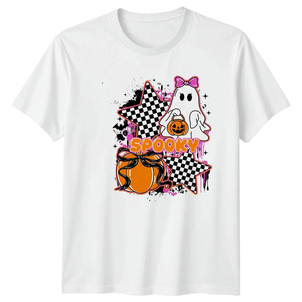Spooky Halloween Ghost Pumpkin Checkerboard Mens Womens Graphic Tee