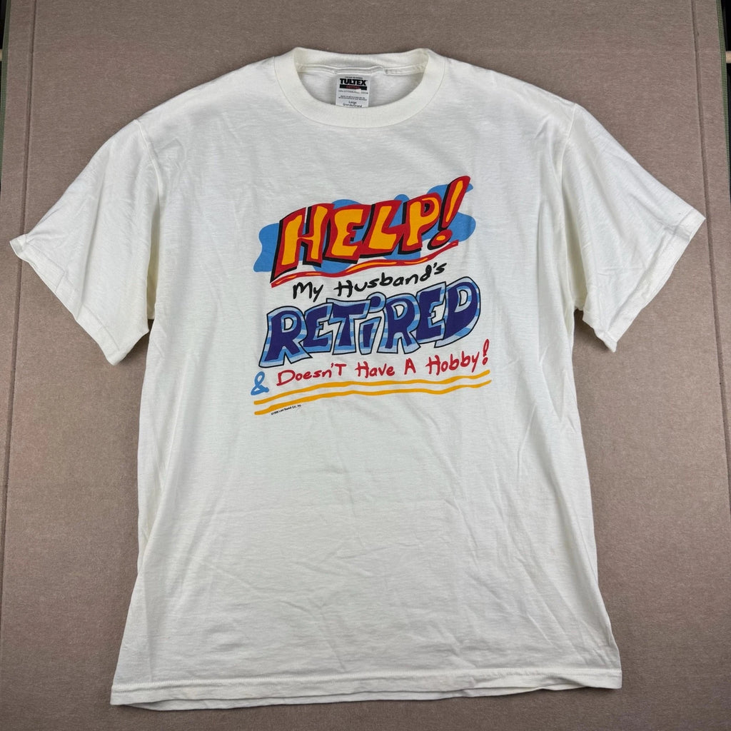 Vintage 1998 Retired Funny Shirt Mens L White Graphic Tultex Retired Statement