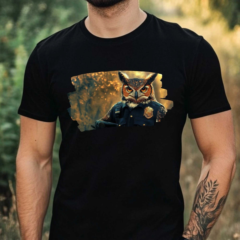 Mens Owl as Policeman Motif Cotton T-Shirt Size XS to 5XL