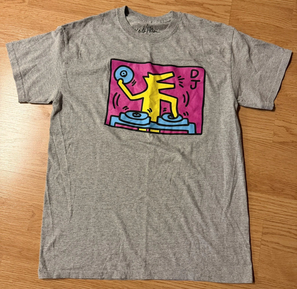 Keith Haring DJ Dog Graphic T-Shirt Medium Heather Gray Pop Art Short Sleeve