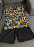 NWT HIGHLANDOriginal Men's Sports T-Shirt,Graffiti Print/Black Short,Size 14/1