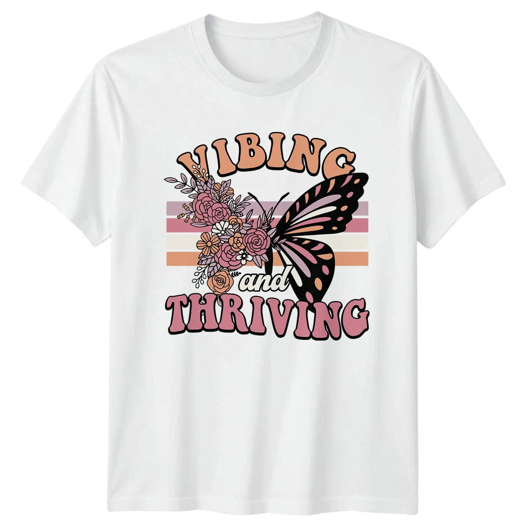 Vibing And Thriving Womens T-Shirt Boho Floral Butterfly