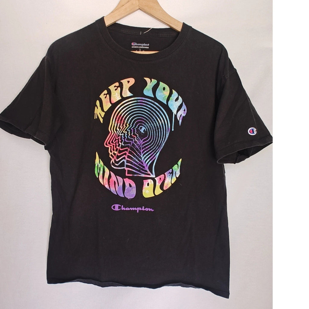 Champion Shirt Keep Your Mind Open Graphic Black Rainbow Psychedelic Tie Dye L