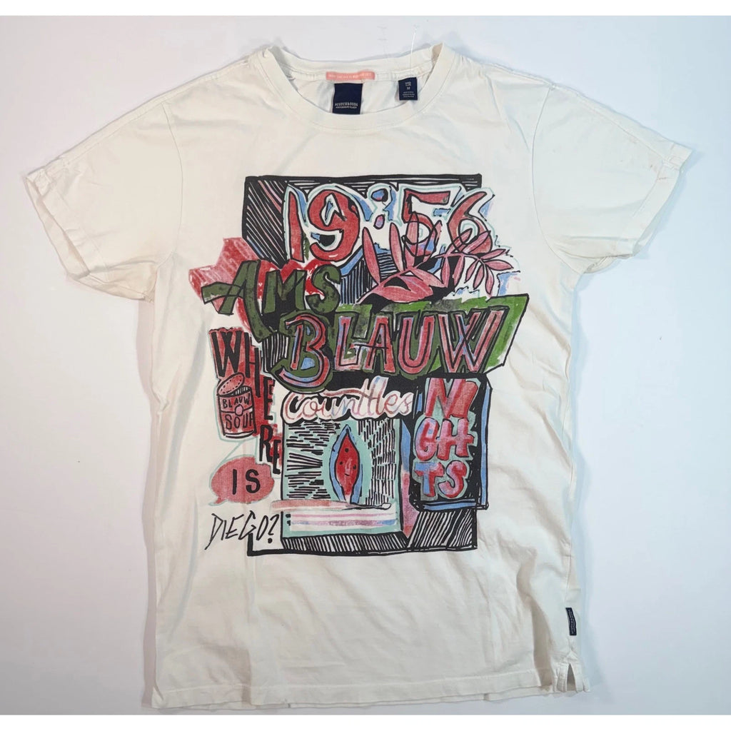 Scotch & Soda Amsterdams Blauw Graphic T-Shirt Mens Medium Cream Pop Art 1956