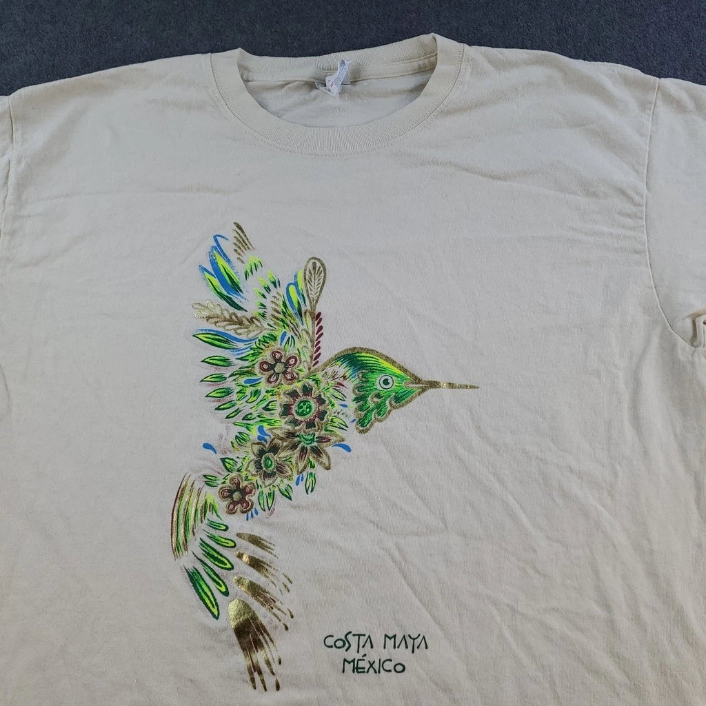 Y2k Flower Hummingbird Costa Maya Mexico T-Shirt  Men's Size Large Beige
