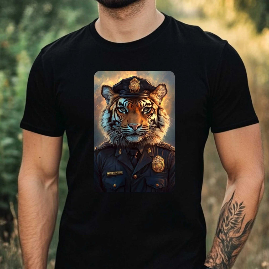 Mens Tiger as Policeman Motif Cotton T-Shirt Size XS to 5XL